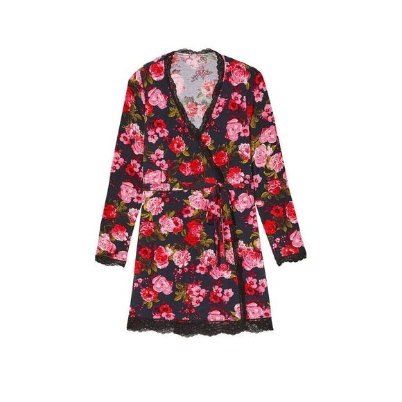 NWT Victoria's Secret XS/S,M/L ROBE BLACK RED ROSE floral MODAL lace trim - Picture 3 of 4